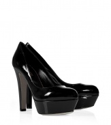 Add heightand instant styleto your look with these luxe patent leather platform pumps from Sergio Rossi - Round toe, high front platform, ultra-high heel - Style with leather leggings, skinny jeans, or a figure-hugging sheath