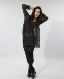Itty-bitty flowers are a girl's best friend on this oversized chiffon top from Betsey Johnson! Pair it with leggings and boots for look that flaunts sheer attitude! Itty-bitty flowers are a girl's best friend on this oversized chiffon top from Betsey Johnson! Pair it with leggings and boots for look that flaunts sheer attitude!