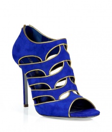 Show-stopping peep-toe heels in royal blue suede are modern and sophisticated with sexy cut-outs in a segmented design up the foot - Gold-colored trim - Height and design highlights the ankles and lengthens the leg - Short exposed zip at heel - Pair with cocktail dresses or a sexy silk jumpsuit for an electric downtown look Show-stopping peep-toe heels in royal blue suede are modern and sophisticated with sexy cut-outs in a segmented design up the foot - Gold-colored trim - Height and design highlights the ankles and lengthens the leg - Short exposed zip at heel - Pair with cocktail dresses or a sexy silk jumpsuit for an electric downtown look
