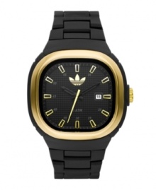 Sleek enough for work or play, Seoul watch by adidas crafted of black plastic bracelet and square black nylon case with gold tone aluminum bezel. Black grid-patterned dial features applied gold tone stick indices, military time, date window at three o'clock, black hour and minute hands, gold tone second hand and logo at twelve o'clock. Quartz movement. Water resistant to 50 meters. Two-year limited warranty.