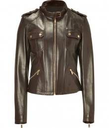 The always favorite biker jacket gets an ultra luxurious remake in Michael Kors chocolate leather silhouette, cut to perfection for a close, flattering fit - Belted stand-up collar, long sleeves, zippered cuffs, front zip, snapped and zippered pockets, epaulettes, form-fitting - Pair with mini skirts and sleek ankle boots The always favorite biker jacket gets an ultra luxurious remake in Michael Kors chocolate leather silhouette, cut to perfection for a close, flattering fit - Belted stand-up collar, long sleeves, zippered cuffs, front zip, snapped and zippered pockets, epaulettes, form-fitting - Pair with mini skirts and sleek ankle boots