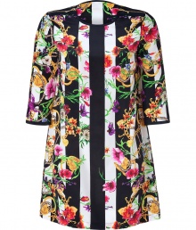 With a bold mash-up of stripes and floral print, Juicy Coutures silk sheath is a cool choice for wearing alone or layering over slick separates - Round neckline, 3/4 sleeves, buttoned cuffs, black trim, gold-toned zip detail on shoulders, pull-over style - Loosely fitted - Wear with heels and a chunky chain necklace, or layer over slick leather leggings