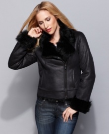 Faux fur at the neckline and cuffs, along with an off-center zipper closure, add on-trend edge to this petite Calvin Klein jacket. (Clearance) Faux fur at the neckline and cuffs, along with an off-center zipper closure, add on-trend edge to this petite Calvin Klein jacket. (Clearance)