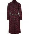 Tailored work looks get an exotic finish with Emilio Puccis bordeaux and black belted animal print shirtdress, finished with gold-toned buttons for a luxe polish - Cutaway collar, long sleeves, buttoned cuffs, button-down front, paneled skirt, belted waistline, tailored fit - Pair with jet black pumps and a lady-chic shoulder bag