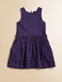 Stunning, vibrant eyelet flowers adds a royal touch to this fancy frock.CrewneckSleevelessBack zipperRuched waistbandSide slash pocketsFull skirtCottonMachine washImported Stunning, vibrant eyelet flowers adds a royal touch to this fancy frock.CrewneckSleevelessBack zipperRuched waistbandSide slash pocketsFull skirtCottonMachine washImported