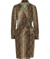 A neutral-hued snake print covers this chic wool wrap dress from Paule Ka - Spread collar, V-neck, wrap front with side tie, long sleeves, fitted silhouette - Pair with a slim trench or a fur coat and platform pumps