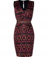 Take this seasons penchant for prints to cocktails with Salonis ultra chic tonal terracotta ikat print dress - V-neckline, sleeveless, gathered front, chocolate metallic elasticized waistband, hidden back zip, cut-out with button closures at nape - Form-fitting - Team with statement platforms and a cool clutch