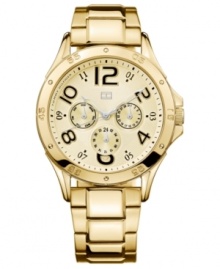 First place style from Tommy Hilfiger. This golden watch boasts an allover shine and multifunctional dial. First place style from Tommy Hilfiger. This golden watch boasts an allover shine and multifunctional dial.