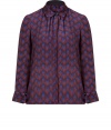 Stylish blouse of fine silk - Elegant blue and burgundy print - Very soft and comfortable to wear - Modern, slightly fitted cut with a small collar and covered button placket - Long sleeves - Trendy version of the classic blouse - A hit for a business look, evening outfit, but also casual under a  cardigan