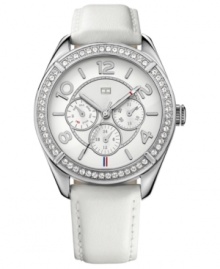 A rich leather watch from Tommy Hilfiger with Swarovski sparkle for added glam. A rich leather watch from Tommy Hilfiger with Swarovski sparkle for added glam.