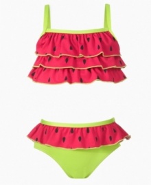 Take a bite out of fun with this adorable watermelon inspired bikini from Pink Platinum. Take a bite out of fun with this adorable watermelon inspired bikini from Pink Platinum.