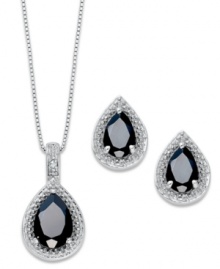 Combined elegance. This matching pendant and stud earrings set feature beautiful, pear-cut onyx gemstones (4-1/5 ct. t.w.) encircled by diamond accents. Set in sterling silver. Approximate necklace length: 18 inches. Approximate drop: 7/8 inch. Approximate earring diameter: 1/2 inch.