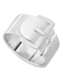 Buckled beauty. This clever ring from Touch of Silver is crafted in silver-plated brass for a look that goes beyond the norm. Approximate length: 1/3 inch. Approximate inner diameter: 1/2 inch. Buckled beauty. This clever ring from Touch of Silver is crafted in silver-plated brass for a look that goes beyond the norm. Approximate length: 1/3 inch. Approximate inner diameter: 1/2 inch.