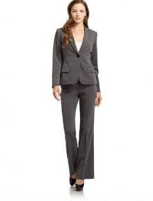 THE LOOKNotch lapel Long button cuff sleeves Front single button closureChest pocket Tailored seamsFront flap pockets Back princess seamsBack vented hemTHE FITAbout 23 from shoulder to hemTHE MATERIAL62% polyester/28% rayon/8% wool/2% spandexFully linedCARE & ORIGINDry cleanMade in USAModel shown is 5'9½ (176cm) wearing US size 4. THE LOOKNotch lapel Long button cuff sleeves Front single button closureChest pocket Tailored seamsFront flap pockets Back princess seamsBack vented hemTHE FITAbout 23 from shoulder to hemTHE MATERIAL62% polyester/28% rayon/8% wool/2% spandexFully linedCARE & ORIGINDry cleanMade in USAModel shown is 5'9½ (176cm) wearing US size 4.