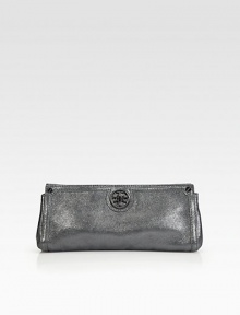 Stunning metallic leather with a signature logo emblem.Turnlock closureCotton lining10W X 4½H X 1½DImported