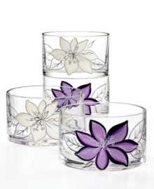 Hand-painted purple and white flowers flourish on these glass bowls, a fresh companion to the Anna Plum dinnerware pattern by Laurie Gates. Hand-painted purple and white flowers flourish on these glass bowls, a fresh companion to the Anna Plum dinnerware pattern by Laurie Gates.