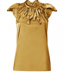 Raise the bar on contemporary classics with Steffen Schrauts elegant gold silk stretch top -  Butterfly cap sleeves and decorative fringe trim at neckline - Small stand up collar ties at back with an oversize bow - Fitted, feminine silhouette tapers gently through waist - Pair a blazer or denim jacket and style with with pencil skirts, skinny denim or dress trousers