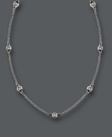 Add sparkle and shine that stretches for miles. Trio by Effy Collection necklace features seven stations of bezel-set, round-cut diamonds (1/5 ct. t.w.) strung on a delicate 14k white gold chain. Approximate length: 16 inches + 2-inch extender. Add sparkle and shine that stretches for miles. Trio by Effy Collection necklace features seven stations of bezel-set, round-cut diamonds (1/5 ct. t.w.) strung on a delicate 14k white gold chain. Approximate length: 16 inches + 2-inch extender.