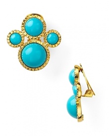 Build your look around bold baubles like this pair of gold-rimmed earrings from Kenneth Jay Lane, boasting cooly hued cabachons and a vintage-inspired shape. Build your look around bold baubles like this pair of gold-rimmed earrings from Kenneth Jay Lane, boasting cooly hued cabachons and a vintage-inspired shape.