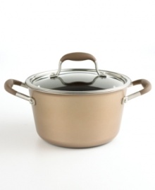 With a unique tapered design and brilliant bronze-hued style, Anolon's hard-anodized stock pot is outfitted for prime performance and beautiful stovetop presence. Along with an exclusive nonstick coating, it creates the perfect environment for cooks of all skill levels. Limited lifetime warranty. With a unique tapered design and brilliant bronze-hued style, Anolon's hard-anodized stock pot is outfitted for prime performance and beautiful stovetop presence. Along with an exclusive nonstick coating, it creates the perfect environment for cooks of all skill levels. Limited lifetime warranty.