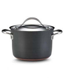 It all boils down to this! The Anolon Nouvelle saucepan delivers expert-grade results with layer upon layer of premium cooking material: ultra-reactive copper is encapsulated by two layers of aluminum and finished with an impact-bonded stainless steel cap. Limited lifetime warranty. It all boils down to this! The Anolon Nouvelle saucepan delivers expert-grade results with layer upon layer of premium cooking material: ultra-reactive copper is encapsulated by two layers of aluminum and finished with an impact-bonded stainless steel cap. Limited lifetime warranty.
