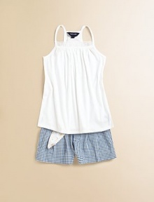 Adorable warm-weather shorts in crisp cotton gingham features finished cuffs and front pleating for a tailored look.Hook-and-eye closureWaistband with belt loops and floral ribbon belt with double D-ring pearlized closureZip flySide inseam pocketsBack button-through patch pocketCottonMachine washImported Adorable warm-weather shorts in crisp cotton gingham features finished cuffs and front pleating for a tailored look.Hook-and-eye closureWaistband with belt loops and floral ribbon belt with double D-ring pearlized closureZip flySide inseam pocketsBack button-through patch pocketCottonMachine washImported