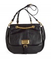 Edgy chain details add stylish juxtaposition to this vintage-inspired leather bag from Marc by Marc Jacobs will add trend-right edge to any look - Front flap with logo plaque and chain, top carrying handle and convertible shoulder strap, gathered side details, pebbled leather - Perfect for daily use or off-duty cool