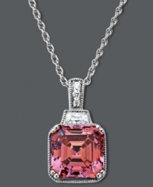 A pretty pop of color. Arabella's dazzling drop pendant features a princess-cut pink Swarovski zirconia (9-1/4 ct. t.w.) with sparkling clear cubic zirconias at the edges (3/8 ct. t.w.). Crafted in sterling silver. Approximate length: 18 inches. Approximate drop:3/4 inch. A pretty pop of color. Arabella's dazzling drop pendant features a princess-cut pink Swarovski zirconia (9-1/4 ct. t.w.) with sparkling clear cubic zirconias at the edges (3/8 ct. t.w.). Crafted in sterling silver. Approximate length: 18 inches. Approximate drop:3/4 inch.