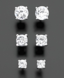 Twinkling options for every day. Includes three sets of round-cut cubic ziroconia stud earrings by B. Brilliant: 1/3 ct. t.w., 3/4 ct. t.w. and 1-1/2 ct. t.w. All set in sterling silver with rhodium plating. Twinkling options for every day. Includes three sets of round-cut cubic ziroconia stud earrings by B. Brilliant: 1/3 ct. t.w., 3/4 ct. t.w. and 1-1/2 ct. t.w. All set in sterling silver with rhodium plating.