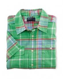 Crafted from handsome brushed cotton twill, a classic plaid workshirt is designed with short sleeves for a ruggedly handsome warm-weather look. Crafted from handsome brushed cotton twill, a classic plaid workshirt is designed with short sleeves for a ruggedly handsome warm-weather look.