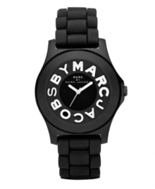Black and white and straight to the point. The Mode watch, by Marc by Marc Jacobs. Black silicone bracelet and round black-plated stainless steel case. Black dial features white script logo with letters serving as markers. Quartz movement. Water resistant to 30 meters. Two-year limited warranty.
