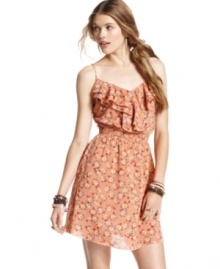 Tiers of ruffles add feminine flourish to this floral-print day dress from American Rag! Tiers of ruffles add feminine flourish to this floral-print day dress from American Rag!