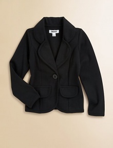 A chic silhouette that pairs fabulously with jeans and leggings, in smooth knit ponte fabric with flattering princess seams.Notch collarLong sleevesButton front closureDecorative front flap pockets66% cotton/28% polyester/6% spandexMachine washImported A chic silhouette that pairs fabulously with jeans and leggings, in smooth knit ponte fabric with flattering princess seams.Notch collarLong sleevesButton front closureDecorative front flap pockets66% cotton/28% polyester/6% spandexMachine washImported