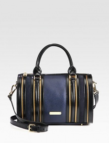 A traditionally structured design combining smooth and pebble-grain leather with ultra-soft suede. Adjustable detachable shoulder strap, 20-23 dropDouble top handles, 5 dropTop zip closureProtective metal feetOne inside zip pocketTwo inside open pocketsCanvas lining12½W X 8H X 6½DMade in Italy A traditionally structured design combining smooth and pebble-grain leather with ultra-soft suede. Adjustable detachable shoulder strap, 20-23 dropDouble top handles, 5 dropTop zip closureProtective metal feetOne inside zip pocketTwo inside open pocketsCanvas lining12½W X 8H X 6½DMade in Italy