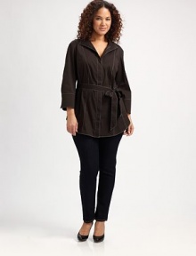 Contrast stitching adds uncompromising style to this blouse. Its self-tie belt will flawlessly define your figure.Split collarLong sleevesButton cuffsContrast stitchingSelf-tie beltAbout 28 from shoulder to hemCotton/polyamide/elastaneDry cleanImported Contrast stitching adds uncompromising style to this blouse. Its self-tie belt will flawlessly define your figure.Split collarLong sleevesButton cuffsContrast stitchingSelf-tie beltAbout 28 from shoulder to hemCotton/polyamide/elastaneDry cleanImported