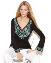 Colorful embroidery gives this super-soft tunic a touch of exotic style. INC's tunic pairs well with capri pants, jeans, leggings and more!