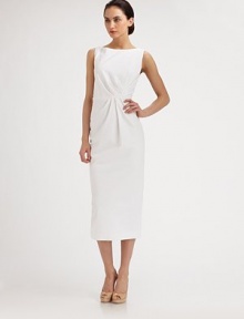 Chic and structural, tailored in an on-trend, tea-length silhouette and accented with pleated details.BoatneckSleevelessPleated front detailsBack ventV back with concealed zipFully linedAbout 33 from natural waist97% cotton/3% spandexDry cleanMade in USA of imported fabricModel shown is 5'11 (180cm) wearing US size 4. Chic and structural, tailored in an on-trend, tea-length silhouette and accented with pleated details.BoatneckSleevelessPleated front detailsBack ventV back with concealed zipFully linedAbout 33 from natural waist97% cotton/3% spandexDry cleanMade in USA of imported fabricModel shown is 5'11 (180cm) wearing US size 4.