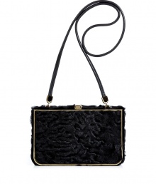 Finish ladylike looks on an exquisitely luxurious note with Salvatore Ferragamos textural Persian lamb shoulder bag, detailed with a metal frame and sleek leather crossbody strap for a contemporary edge tailored to day and evening elegance alike - Metal frame with top logo clasp, black leather shoulder strap, suede lining with back wall slot pocket - Wear with boucl? knit jackets and heels for day, or pair with Little Black Dresses and sparkly gold jewelry for evening Finish ladylike looks on an exquisitely luxurious note with Salvatore Ferragamos textural Persian lamb shoulder bag, detailed with a metal frame and sleek leather crossbody strap for a contemporary edge tailored to day and evening elegance alike - Metal frame with top logo clasp, black leather shoulder strap, suede lining with back wall slot pocket - Wear with boucl? knit jackets and heels for day, or pair with Little Black Dresses and sparkly gold jewelry for evening