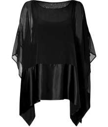 Make a dramatic cocktail hour debut in DKNYs ethereal black silk/satin paneled poncho - Wide neckline, cut-out shoulders, open sides, sheer top, stretch silk panel, satin hemline, black tank top lining - Oversized draped fit - Wear over slim-fitting separates with shimmering statement jewelry Make a dramatic cocktail hour debut in DKNYs ethereal black silk/satin paneled poncho - Wide neckline, cut-out shoulders, open sides, sheer top, stretch silk panel, satin hemline, black tank top lining - Oversized draped fit - Wear over slim-fitting separates with shimmering statement jewelry