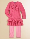 With gorgeous wide ruffles at the placket and hem, this casual play dress is a real charmer.CrewneckThree-button placket with ruffle detailWaffle-knitLong sleeves with cuffsTiered ruffle hemCottonMachine washImported