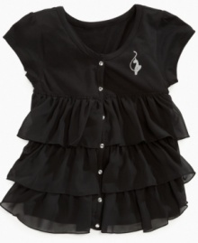 Tiered ruffles make this floaty chiffon fabric shirt from Baby Phat even more fun and flowy. Tiered ruffles make this floaty chiffon fabric shirt from Baby Phat even more fun and flowy.
