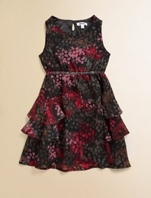 Silky charmeuse in a pretty, deep-toned floral print has a skirt of floaty tiers to put her in a party mood.Scoop necklineSleevelessKeyhole back closeElasticized waistbandTiered skirtFully linedPolyesterMachine washImported