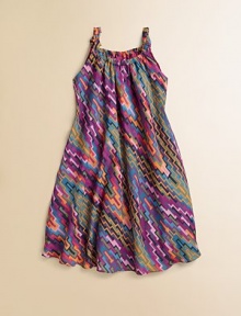 A rainbow of colors is splashed on this printed tencel frock with knotted straps and a full, swinging skirt.Round elastic necklineSleevelessFull skirtFully linedPolyester crepeMachine washImported A rainbow of colors is splashed on this printed tencel frock with knotted straps and a full, swinging skirt.Round elastic necklineSleevelessFull skirtFully linedPolyester crepeMachine washImported