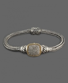 Lap up the luxury in fine style. Bracelet from Balissima by Effy Collection features sparkling round-cut diamonds (3/8 ct. t.w.) in a diamond-shaped pattern. Crafted in a filigree sterling silver setting with 18k gold accents. Approximate length: 7-3/4 inches. Approximate centerpiece width: 1/2 inch. Approximate centerpiece length: 1 inch.