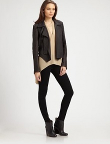 Ultra-soft leather in a city-cool, motorcycle silhouette with zippered sleeves and a cropped back hem. Notched collarFront zipperLong sleeves with back zippersSlash pocketsAbout 23 from shoulder to hemLambskin leatherDry clean with leather specialistMade in USA of Italian fabricModel shown is 5'10 (177cm) wearing US size Small. Ultra-soft leather in a city-cool, motorcycle silhouette with zippered sleeves and a cropped back hem. Notched collarFront zipperLong sleeves with back zippersSlash pocketsAbout 23 from shoulder to hemLambskin leatherDry clean with leather specialistMade in USA of Italian fabricModel shown is 5'10 (177cm) wearing US size Small.