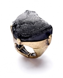 Voluptuous and volcanic. Bar III's bold ring features an asymmetrical black druzy stone set in burnished gold tone mixed metal. Ring stretches to fit finger. Approximate size: 1-1/2 inches.