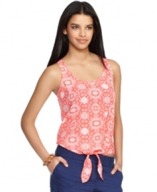 Bar III's sleeveless top features an exotic print and ties at the waist!