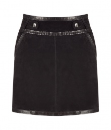 Luxurious skirt made ..of fine, black suede - Particularly stylish with slightly shiny, smooth leather piping - Feminine slim cut, high waistband and accent buttons - Sexy mini short with pockets - A real figure knockout, combine sexy with a chiffon blouse and platform pumps, casual with a cashmere pullover and Western boots Luxurious skirt made ..of fine, black suede - Particularly stylish with slightly shiny, smooth leather piping - Feminine slim cut, high waistband and accent buttons - Sexy mini short with pockets - A real figure knockout, combine sexy with a chiffon blouse and platform pumps, casual with a cashmere pullover and Western boots