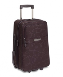 Put your signature on travel! A classic pirouette pattern opens to reveal a coordinating amethyst lining, which features two separate packing areas, an expandable lid and attractive ruffle accenting. Your wardrobe takes front seat in this fully-stocked case with padded garment straps for wrinkle-free travel, a slipper satchel for keeping tabs on shoes and two hideaway zip compartments for small accessories. Put your signature on travel! A classic pirouette pattern opens to reveal a coordinating amethyst lining, which features two separate packing areas, an expandable lid and attractive ruffle accenting. Your wardrobe takes front seat in this fully-stocked case with padded garment straps for wrinkle-free travel, a slipper satchel for keeping tabs on shoes and two hideaway zip compartments for small accessories.