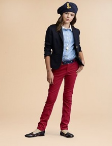 The timeless, polished blazer is tailored in a classic silhouette and finished with gold-tone Ralph Lauren-embossed buttons.Notched lapelLong sleeves with button detailButton-frontChest patch pocketHip patch pocketsDouble back ventsWoolDry cleanImportedBelt and jewelry shown not sold Please note: Number of buttons may vary depending on size ordered. The timeless, polished blazer is tailored in a classic silhouette and finished with gold-tone Ralph Lauren-embossed buttons.Notched lapelLong sleeves with button detailButton-frontChest patch pocketHip patch pocketsDouble back ventsWoolDry cleanImportedBelt and jewelry shown not sold Please note: Number of buttons may vary depending on size ordered.